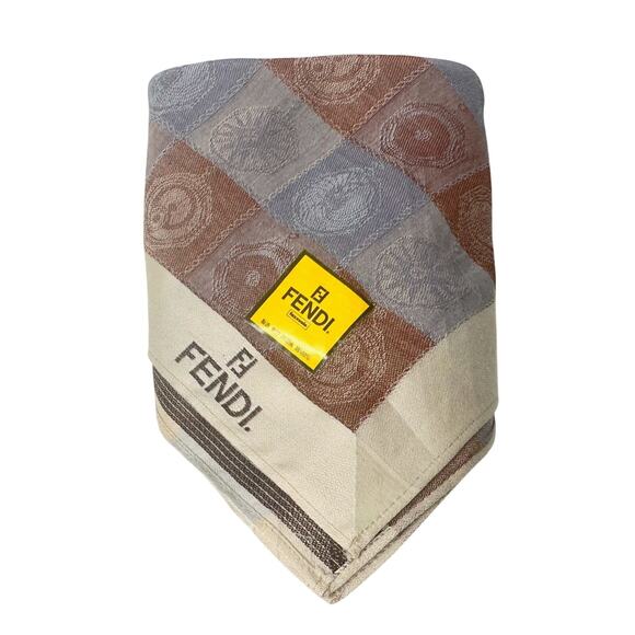 FENDI Roma Scarf - Brown, Blue and Beige Squares w Symbols - Picture 1 of 10